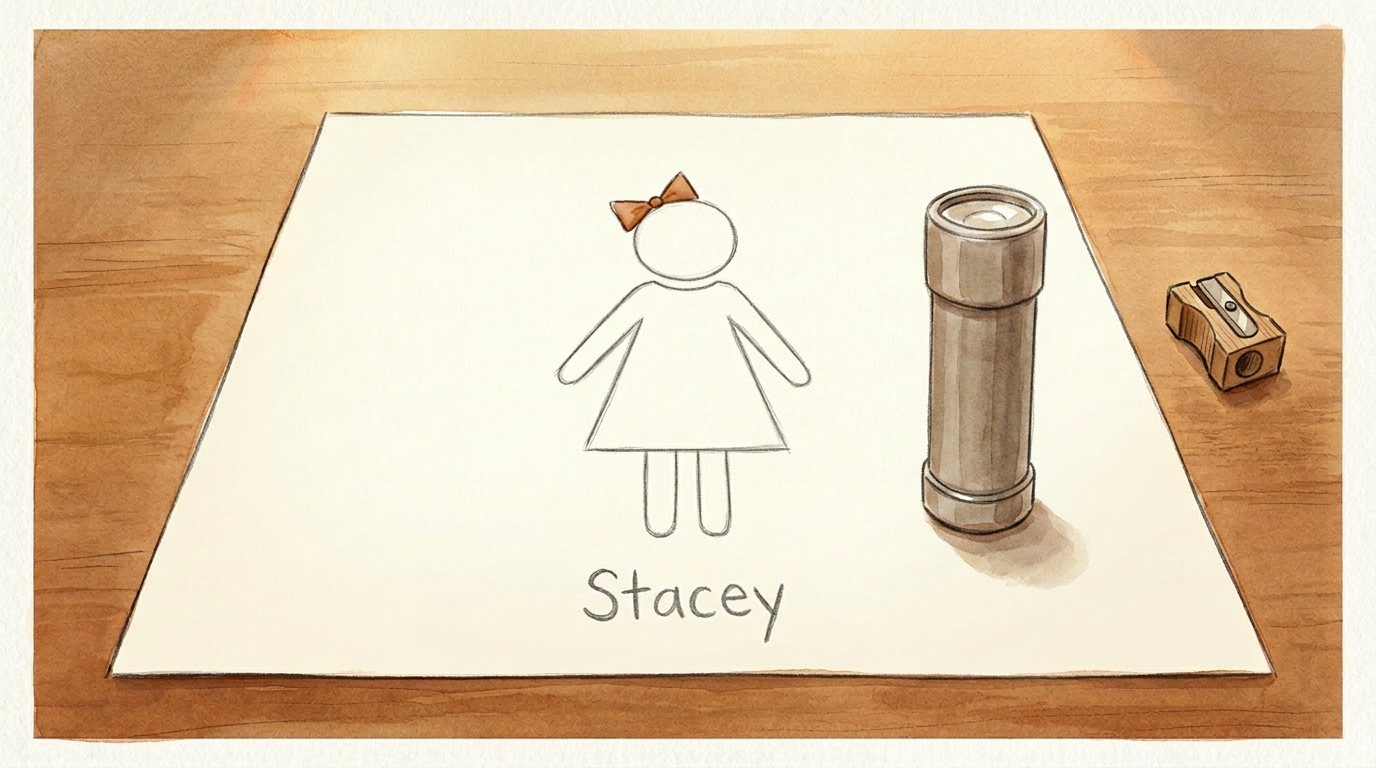 Stacey on the page with a flashlight standing upright on the page beside her.