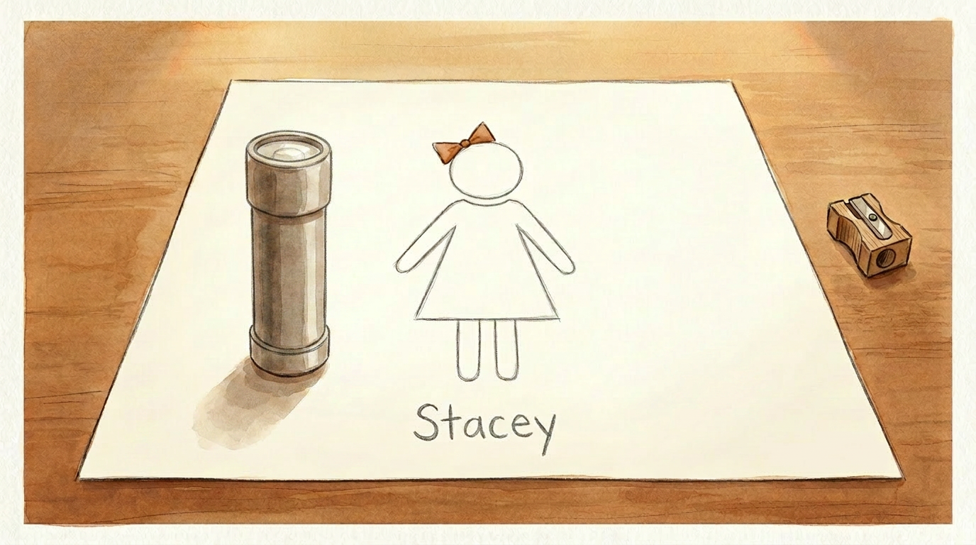 Stacey on the page with the flashlight now standing upright on the opposite side of her.