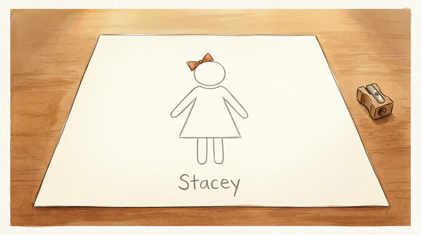 Stacey, a 2D stick figure standing on a cream paper page.