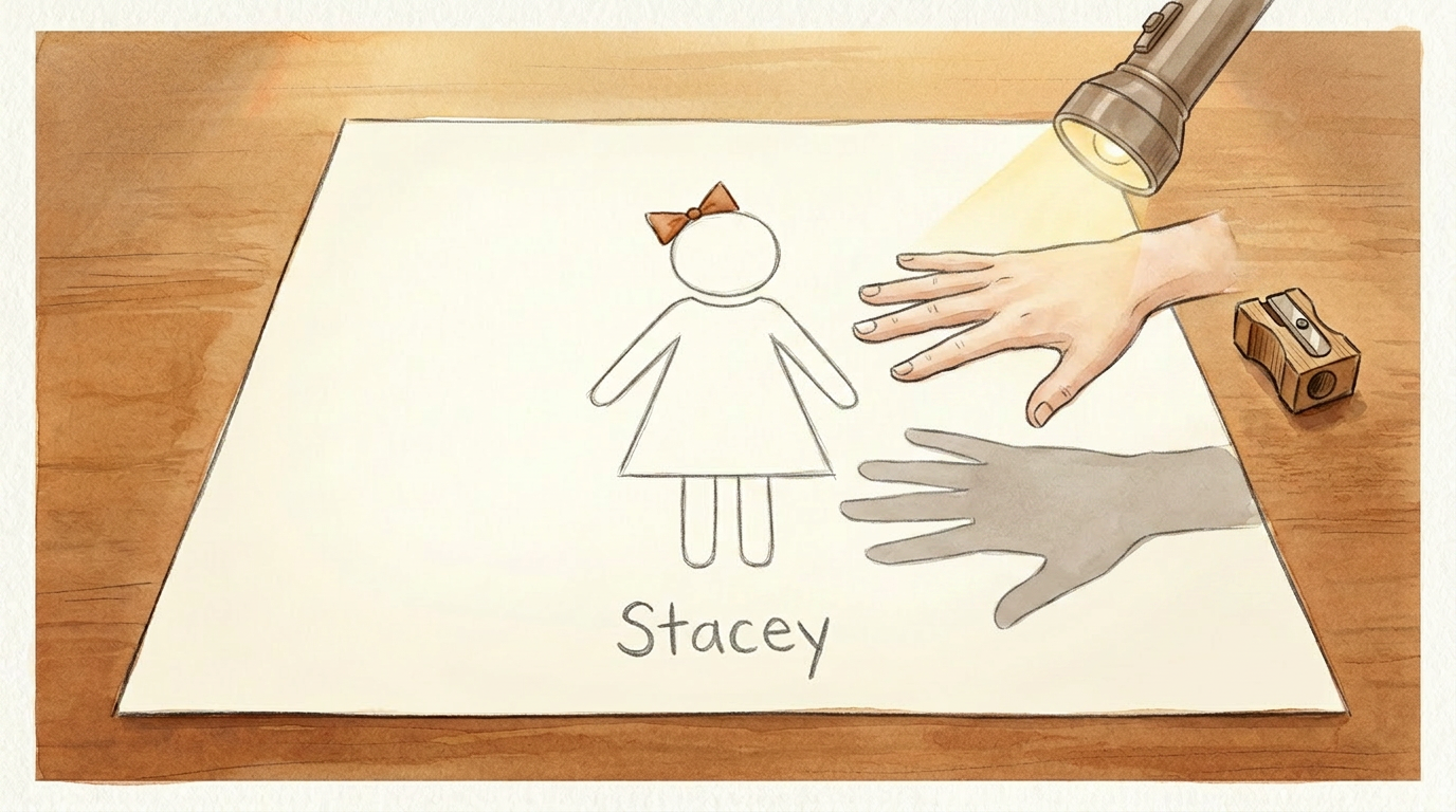 Stacey on the page with a hand held above and a flat hand-shaped shadow falling on the page beside her.
