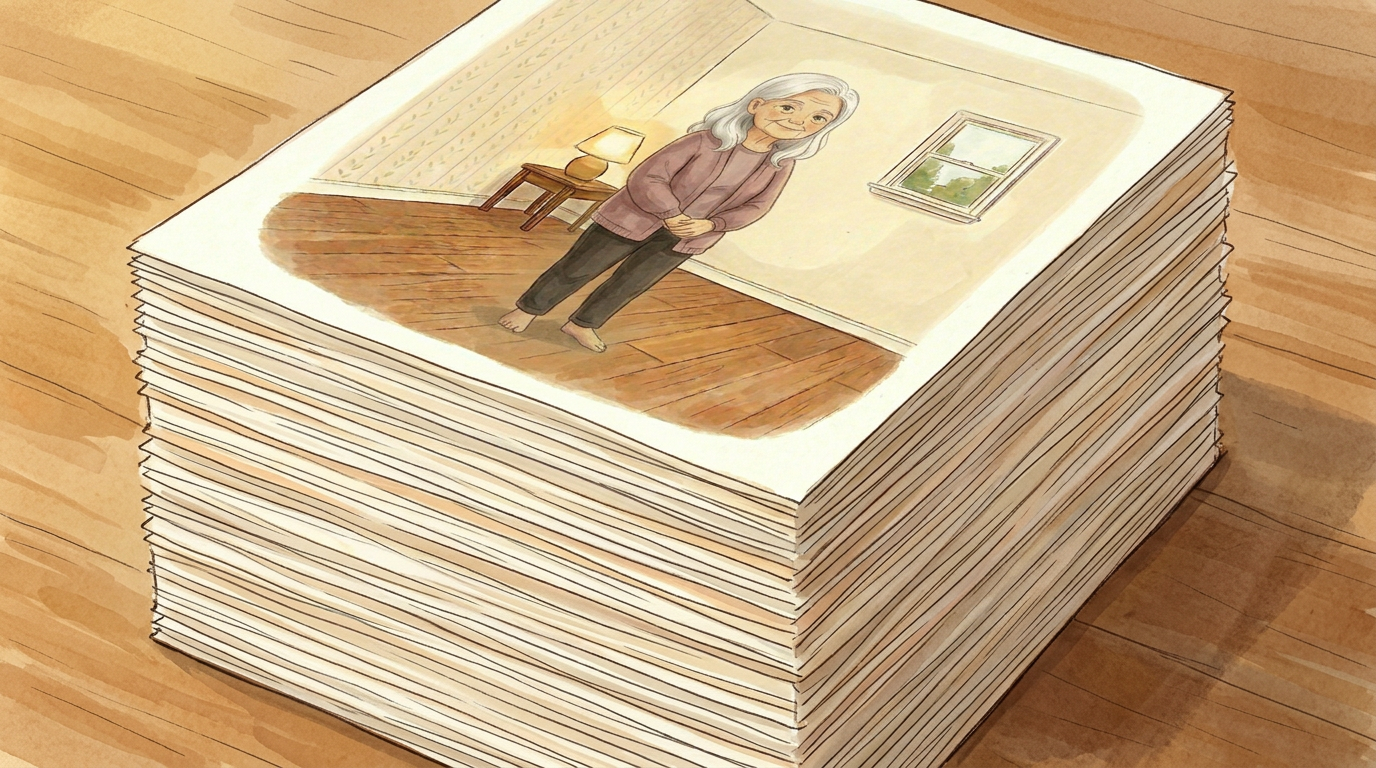 A tall stack of paper pages on a wooden floor. The top page is an illustration of the woman standing in her room.