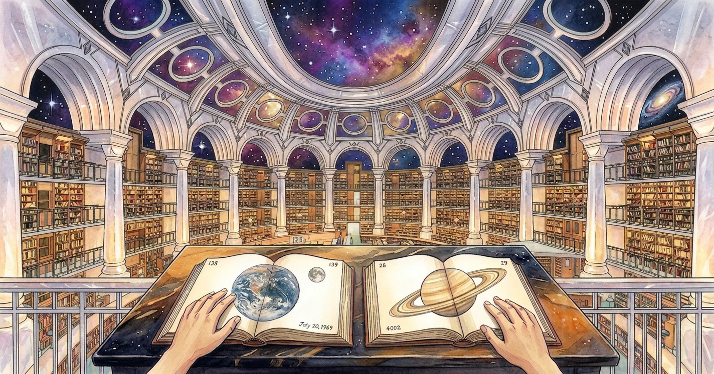 A vast cathedral-scale library with translucent crystalline columns and arches, seen from a balcony. A marble table in the foreground holds two open books, one showing Earth and the Moon, the other showing Saturn. Two hands rest on the books, fading at the wrists. The dome above opens onto deep space, with stars, nebulae, and a distant galaxy visible through the skylights.